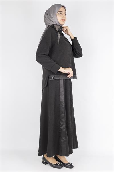 Saten Şerit Detaylı Etekli Tesettür Takım Siyah OTW5939