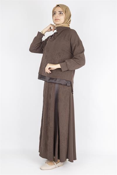 Saten Şerit Detaylı Etekli Tesettür Takım Kahve OTW5939