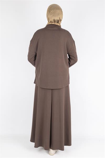 Saten Şerit Detaylı Etekli Tesettür Takım Kahve OTW5939