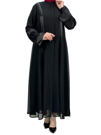 Saten Şeritli Ferace Siyah OTW36217