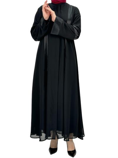 Saten Şeritli Ferace Siyah OTW36217