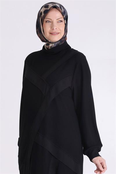 Şerit Detaylı Rahat Kesim Büyük Beden Tunik Siyah OTW20132
