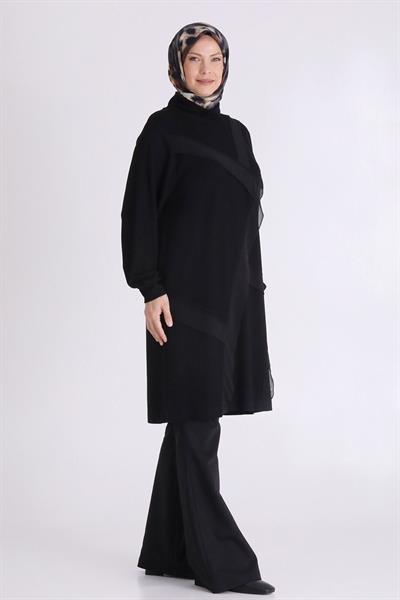 Şerit Detaylı Rahat Kesim Büyük Beden Tunik Siyah OTW20132