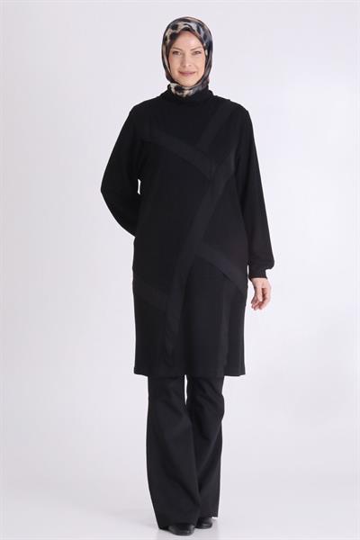 Şerit Detaylı Rahat Kesim Büyük Beden Tunik Siyah OTW20132