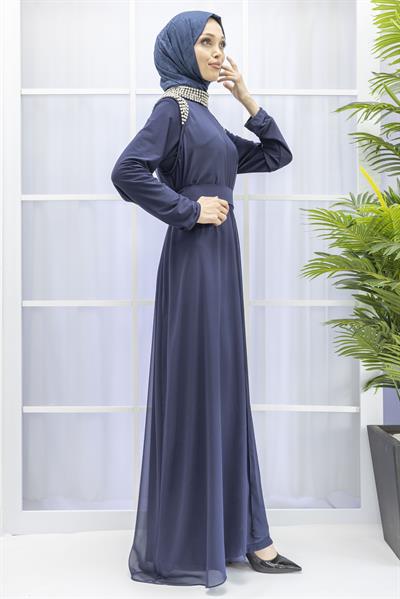 Şifon Abayalı Elbise Lacivert OTW4320
