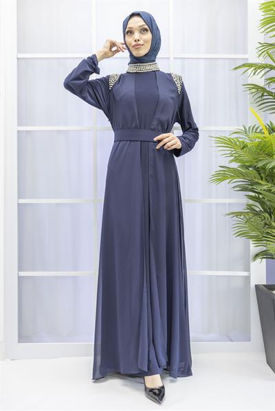 Şifon Abayalı Elbise Lacivert OTW4320
