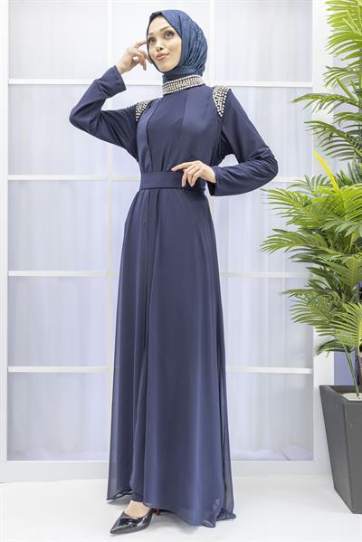 Şifon Abayalı Elbise Lacivert OTW4320