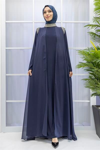 Şifon Abayalı Elbise Lacivert OTW4320