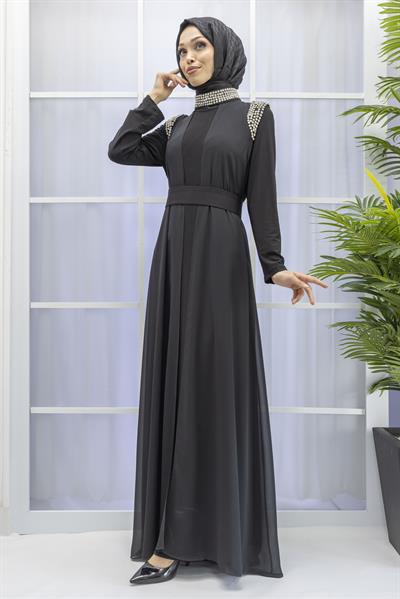 Şifon Abayalı Elbise Siyah OTW4320