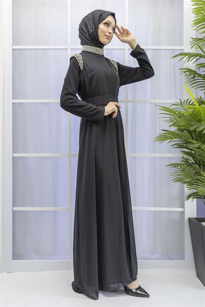Şifon Abayalı Elbise Siyah OTW4320