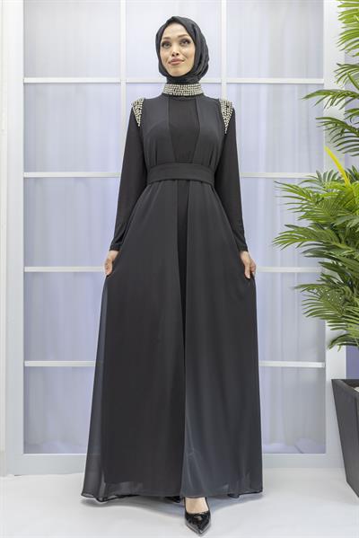 Şifon Abayalı Elbise Siyah OTW4320