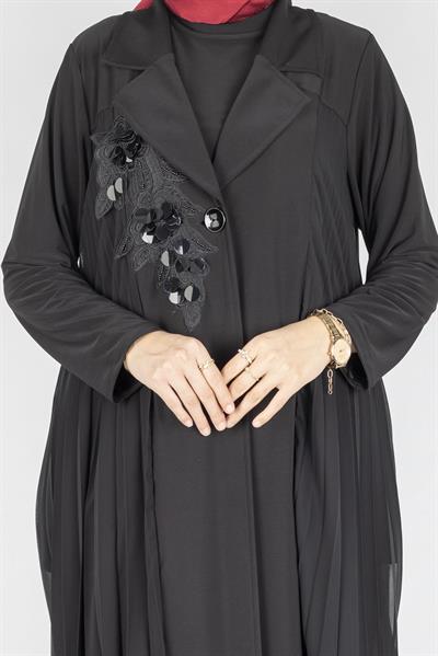 Şifon Detaylı Abaya Ceketli Elbise Takım Siyah OTW2019