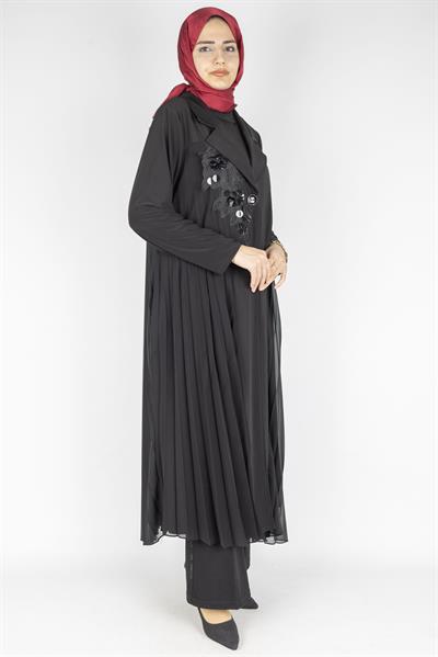 Şifon Detaylı Abaya Ceketli Elbise Takım Siyah OTW2019
