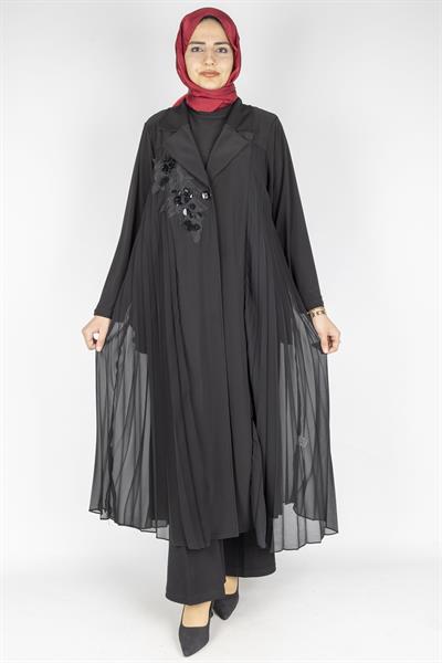 Şifon Detaylı Abaya Ceketli Elbise Takım Siyah OTW2019
