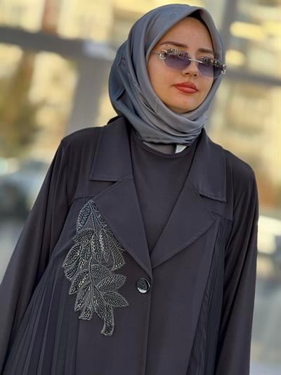 Şifon Detaylı Abaya Ceketli Elbise Takım Siyah OTW2019