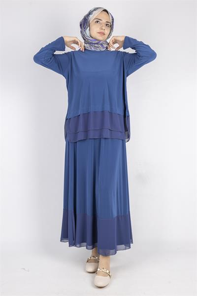 Şifon Detaylı Sandy Kumaş Etekli Takım İndigo OTW0517