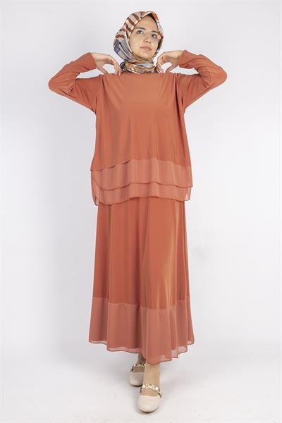 Şifon Detaylı Sandy Kumaş Etekli Takım Turuncu OTW0517