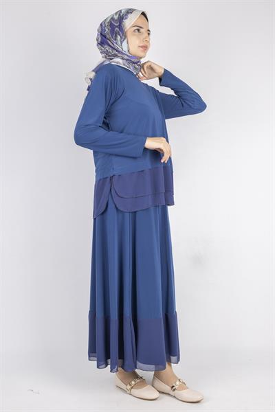 Şifon Detaylı Sandy Kumaş Etekli Takım İndigo OTW0517