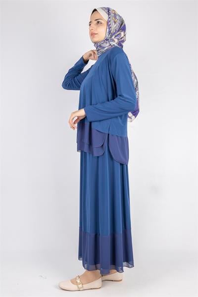 Şifon Detaylı Sandy Kumaş Etekli Takım İndigo OTW0517
