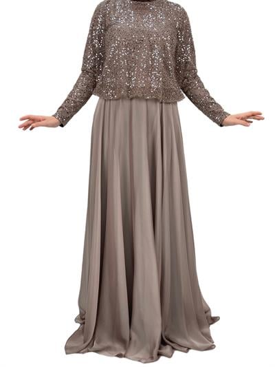 Şifon Etekli Abiye Takım Vizon OTW4676