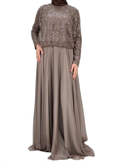 Şifon Etekli Abiye Takım Vizon OTW4676