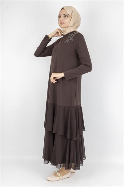 Şifon Katlı Omuz Taşlı Çelik Örme Uzun Elbise Kahve OTW25170