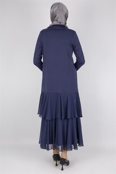 Şifon Katlı Omuz Taşlı Çelik Örme Uzun Elbise Lacivert OTW25170