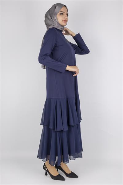 Şifon Katlı Omuz Taşlı Çelik Örme Uzun Elbise Lacivert OTW25170