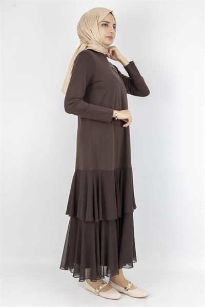 Şifon Katlı Omuz Taşlı Çelik Örme Uzun Elbise Kahve OTW25170