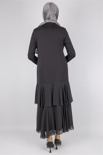 Şifon Katlı Omuz Taşlı Çelik Örme Uzun Elbise Siyah OTW25170