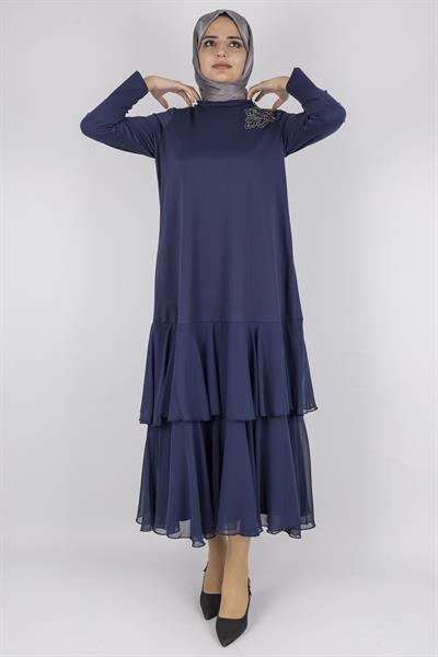 Şifon Katlı Omuz Taşlı Çelik Örme Uzun Elbise Lacivert OTW25170