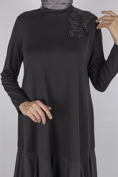 Şifon Katlı Omuz Taşlı Çelik Örme Uzun Elbise Siyah OTW25170