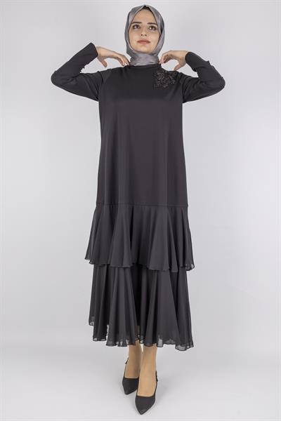 Şifon Katlı Omuz Taşlı Çelik Örme Uzun Elbise Siyah OTW25170
