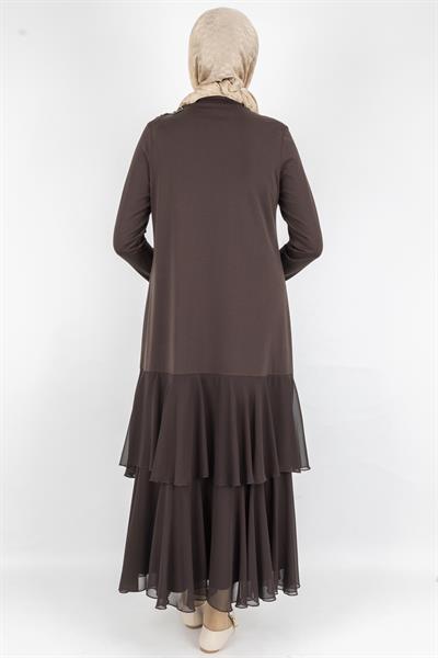 Şifon Katlı Omuz Taşlı Çelik Örme Uzun Elbise Kahve OTW25170