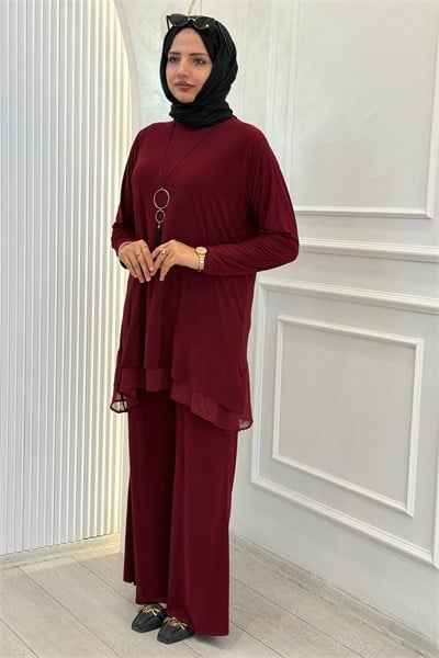 Şifon Katlı Sandy Pantolonlu Takım Bordo OTW4211