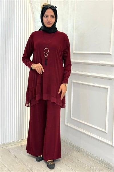 Şifon Katlı Sandy Pantolonlu Takım Bordo OTW4211