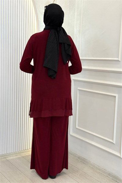 Şifon Katlı Sandy Pantolonlu Takım Bordo OTW4211