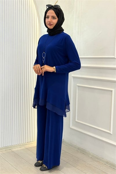 Şifon Katlı Sandy Pantolonlu Takım Saks OTW4211