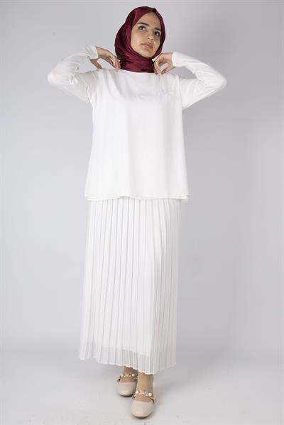 Şifon Kumaş Broşlu Tunik Ekru OTW572