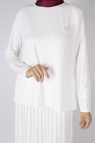 Şifon Kumaş Broşlu Tunik Ekru OTW572
