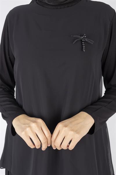 Şifon Kumaş Broşlu Tunik Siyah OTW572