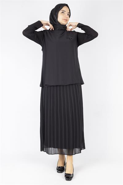 Şifon Kumaş Broşlu Tunik Siyah OTW572