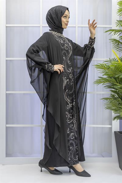 Şifon Pelerinli Abiye Elbise Siyah OTW38116