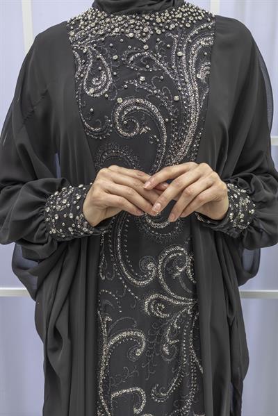 Şifon Pelerinli Abiye Elbise Siyah OTW38116