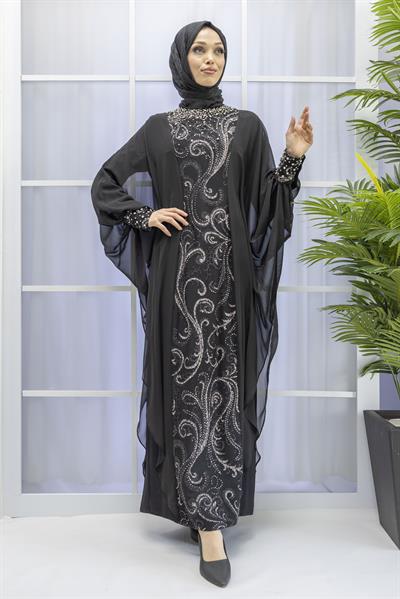 Şifon Pelerinli Abiye Elbise Siyah OTW38116