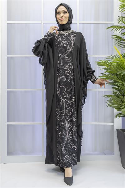 Şifon Pelerinli Abiye Elbise Siyah OTW38116