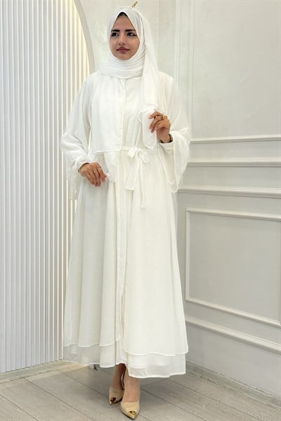 Şifon Şallı İç Elbiseli Üçlü Abaya Takım Beyaz OTW9842