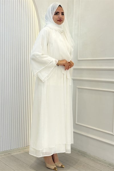 Şifon Şallı İç Elbiseli Üçlü Abaya Takım Beyaz OTW9842