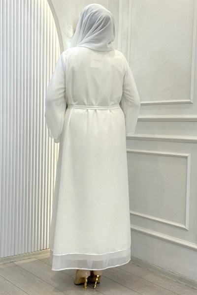 Şifon Şallı İç Elbiseli Üçlü Abaya Takım Beyaz OTW9842