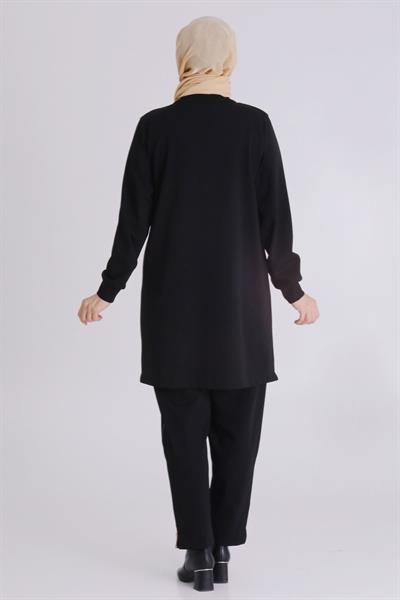 Şık Altın Dikişli Pantolonlu Büyük Beden Tesettür Takım Siyah OTW35134
